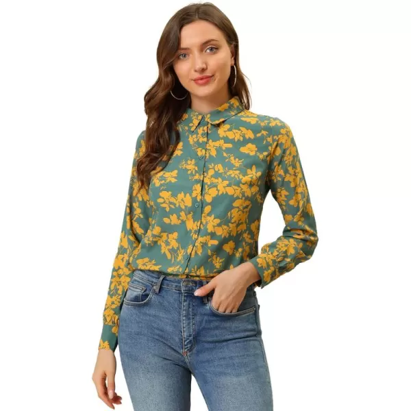 Allegra K Women's Tropical Print Blouse Lapel Collar Long Sleeve Elegant Button Down Shirt