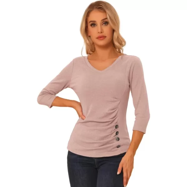 Allegra K Women's V Neck Blouse 3/4 Sleeves Solid Knitted Buttons Decor Ruched Top