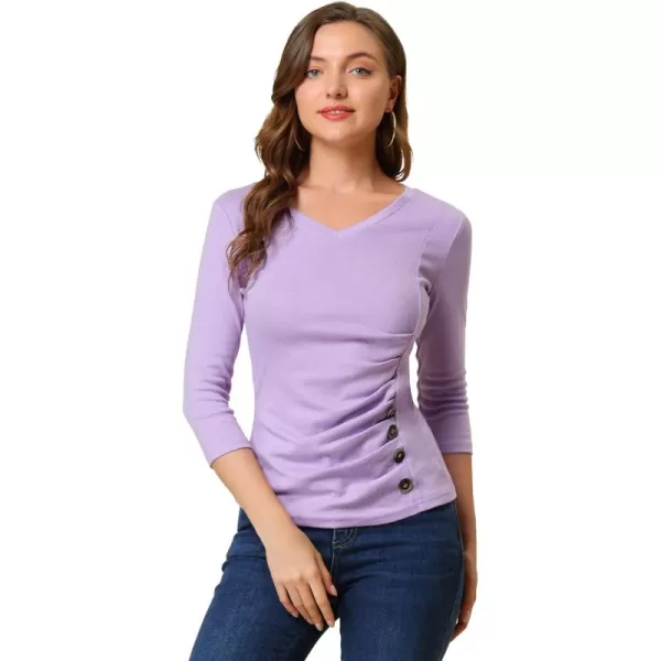 Allegra K Women's V Neck Blouse 3/4 Sleeves Solid Knitted Buttons Decor Ruched Top