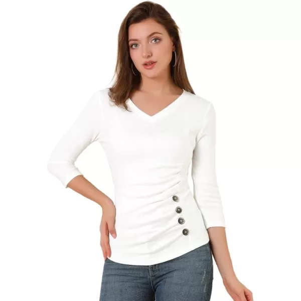 Allegra K Women's V Neck Blouse 3/4 Sleeves Solid Knitted Buttons Decor Ruched Top