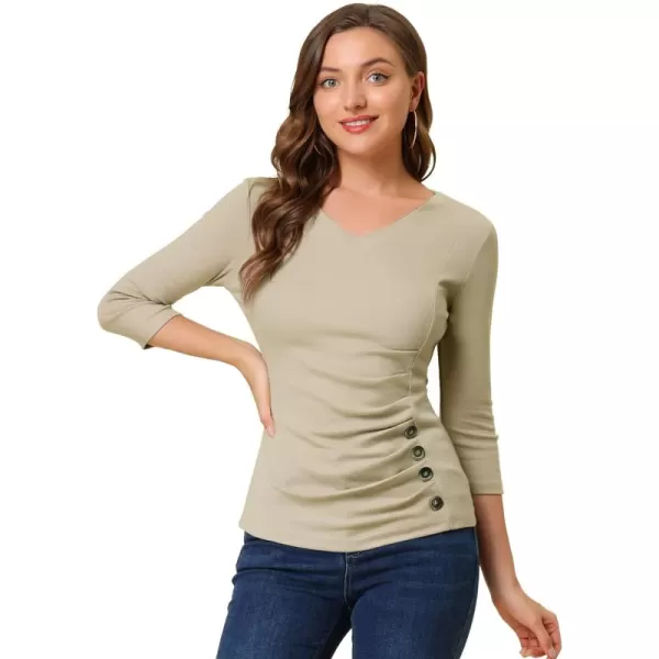 Allegra K Women's V Neck Blouse 3/4 Sleeves Solid Knitted Buttons Decor Ruched Top