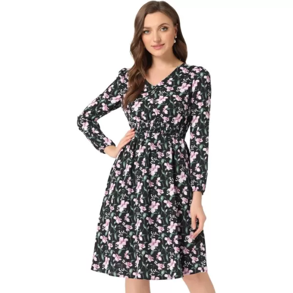 Allegra K Women's Valentine's Day Floral Print V-Neck Dress Smocked Waist Midi Dress