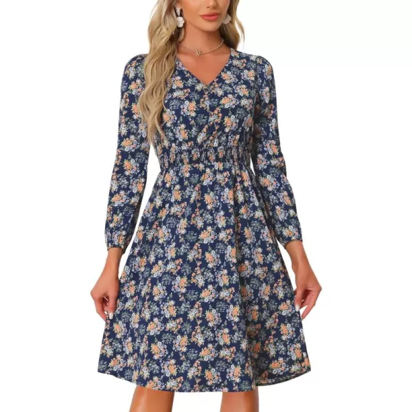 Allegra K Women's Valentine's Day Floral Print V-Neck Dress Smocked Waist Midi Dress