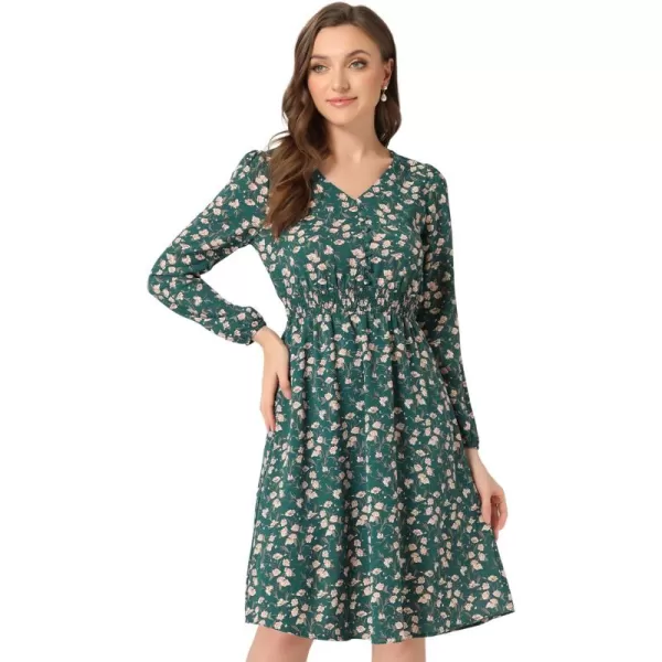 Allegra K Women's Valentine's Day Floral Print V-Neck Dress Smocked Waist Midi Dress