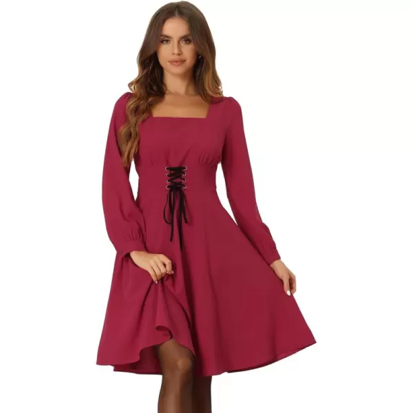 Allegra K Women's Valentine's Day Square Neck Lantern Long Sleeve A-Line Gothic Lace Up Dress