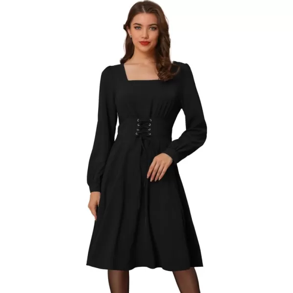 Allegra K Women's Valentine's Day Square Neck Lantern Long Sleeve A-Line Gothic Lace Up Dress