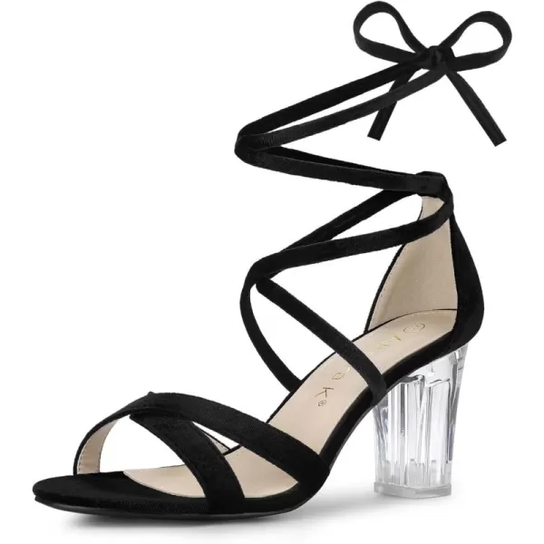 Allegra K Women's Velvet Lace Up Clear Heels Block Heel Sandals