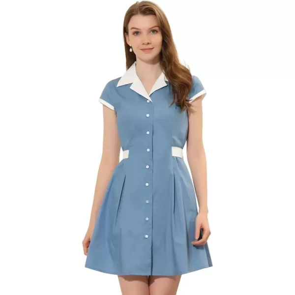 Allegra K Women's Vintage Button Down Dress Flat Collar Belted Office Mini Shirt Dress