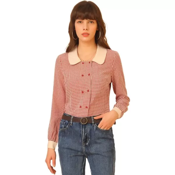 Allegra K Women's Vintage Contrast Peter Pan Collar Blouse Gingham Long Sleeve Button Down Shirt