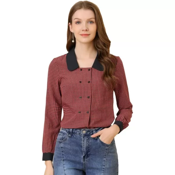 Allegra K Women's Vintage Contrast Peter Pan Collar Blouse Gingham Long Sleeve Button Down Shirt