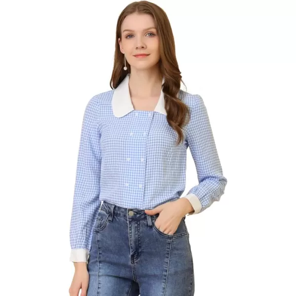 Allegra K Women's Vintage Contrast Peter Pan Collar Blouse Gingham Long Sleeve Button Down Shirt