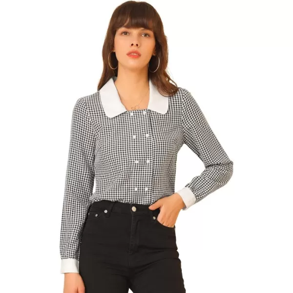 Allegra K Women's Vintage Contrast Peter Pan Collar Blouse Gingham Long Sleeve Button Down Shirt