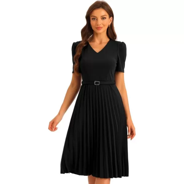 Allegra K Work Dresses for Women's V-Neck Short Sleeve Below Knee Belted A-Line Pleated Dress