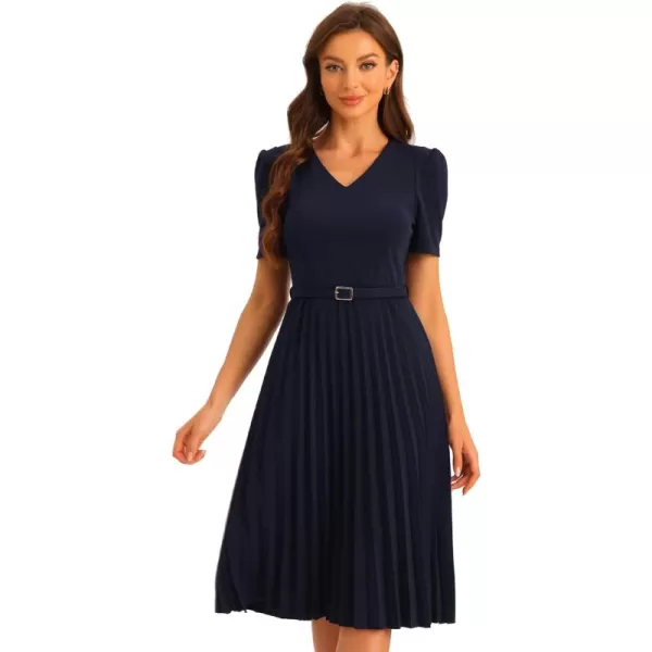 Allegra K Work Dresses for Women's V-Neck Short Sleeve Below Knee Belted A-Line Pleated Dress