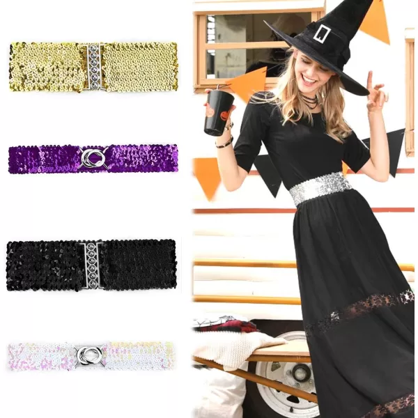 uxcell Ladies Sequins Decor Metal Interlocking Buckles Elastic Waist Belt