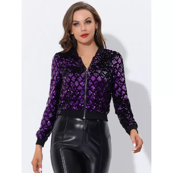 Allegra K Women's Sequin Long Sleeve Zipper Up Glitter Party Bomber Jacket