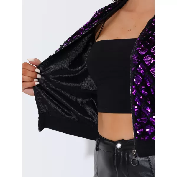 Allegra K Women's Sequin Long Sleeve Zipper Up Glitter Party Bomber Jacket