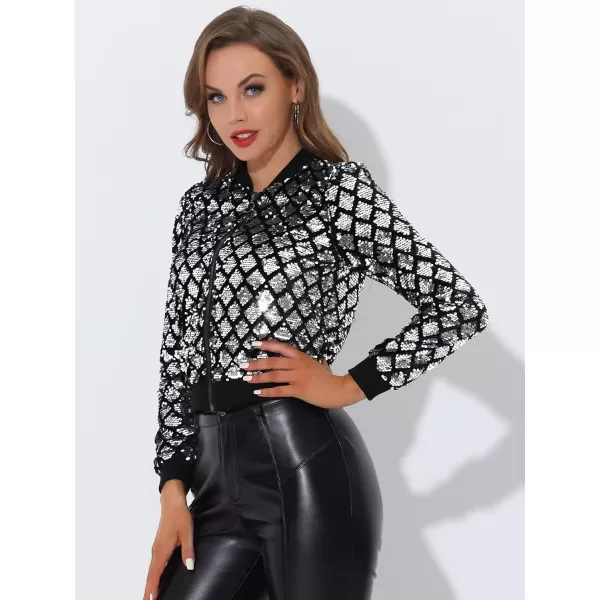 Allegra K Women's Sequin Long Sleeve Zipper Up Glitter Party Bomber Jacket