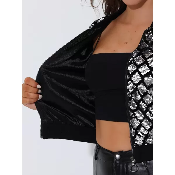 Allegra K Women's Sequin Long Sleeve Zipper Up Glitter Party Bomber Jacket