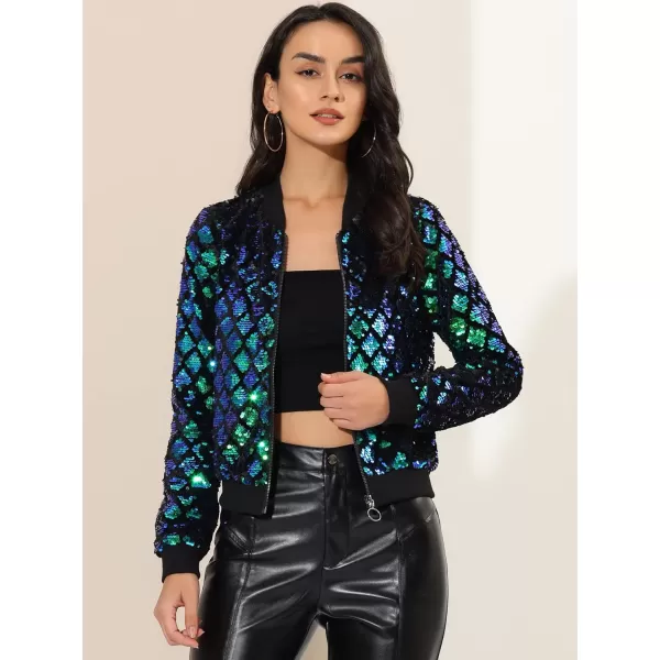 Allegra K Women's Sequin Long Sleeve Zipper Up Glitter Party Bomber Jacket