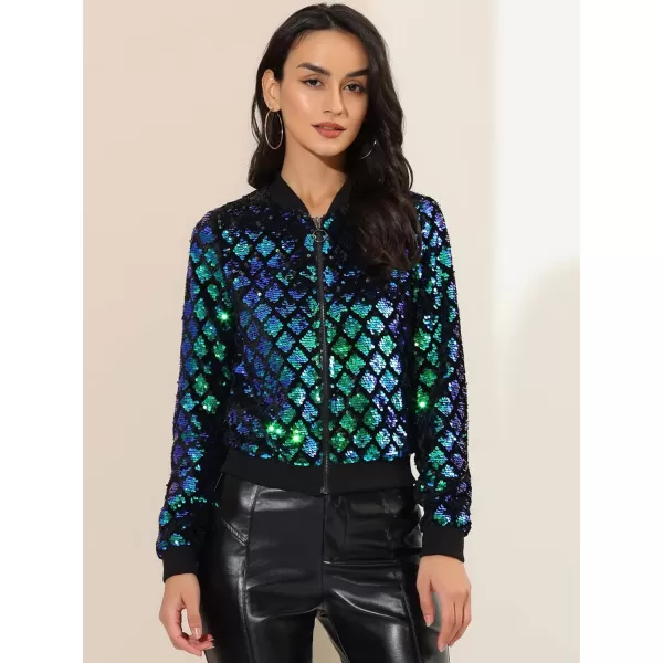 Allegra K Women's Sequin Long Sleeve Zipper Up Glitter Party Bomber Jacket