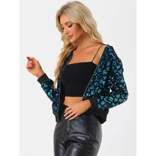 Allegra K Women's Sequin Long Sleeve Zipper Up Glitter Party Bomber Jacket