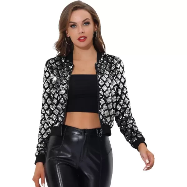 Allegra K Women's Sequin Long Sleeve Zipper Up Glitter Party Bomber Jacket