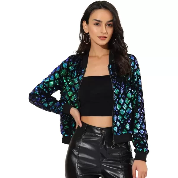 Allegra K Women's Sequin Long Sleeve Zipper Up Glitter Party Bomber Jacket