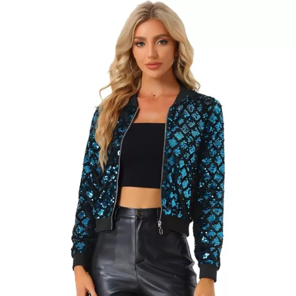 Allegra K Women's Sequin Long Sleeve Zipper Up Glitter Party Bomber Jacket