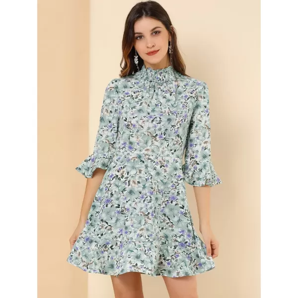 Allegra K Women's Floral 3/4 Bell Sleeve Smocked Belted Flare Ruffle Dress