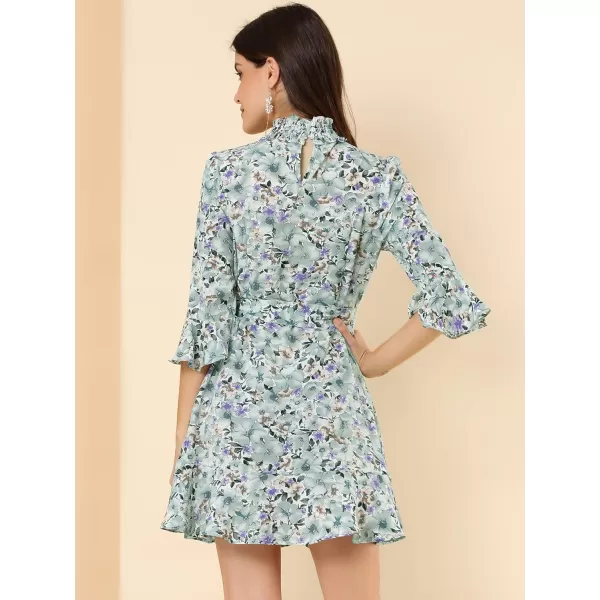 Allegra K Women's Floral 3/4 Bell Sleeve Smocked Belted Flare Ruffle Dress