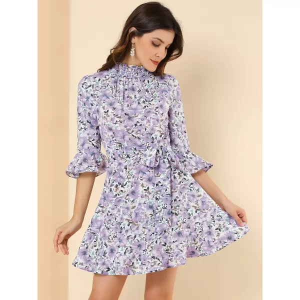 Allegra K Women's Floral 3/4 Bell Sleeve Smocked Belted Flare Ruffle Dress