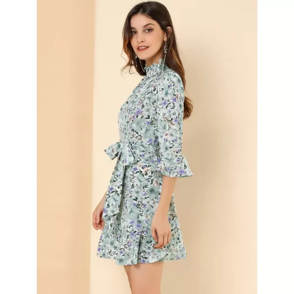 Allegra K Women's Floral 3/4 Bell Sleeve Smocked Belted Flare Ruffle Dress