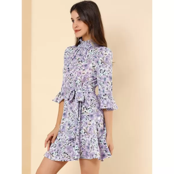 Allegra K Women's Floral 3/4 Bell Sleeve Smocked Belted Flare Ruffle Dress