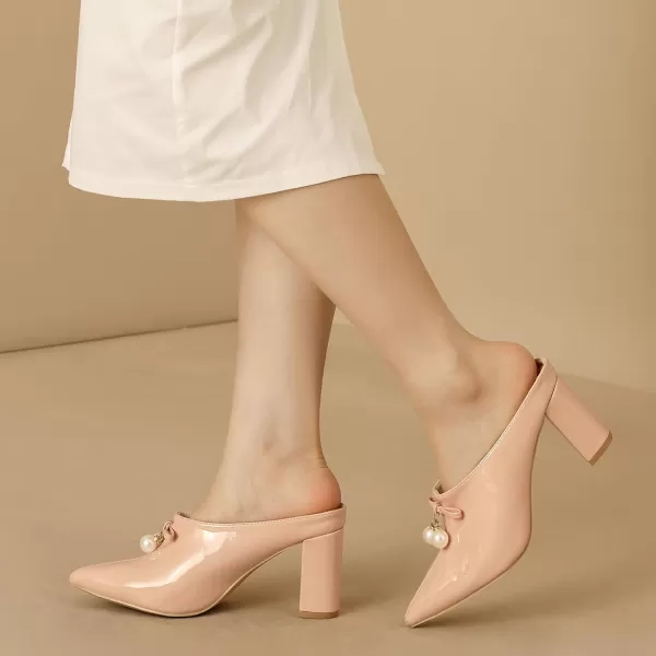 Allegra K Women's Pointed Toe Pearl Bow Chunky Heel Slides Mules