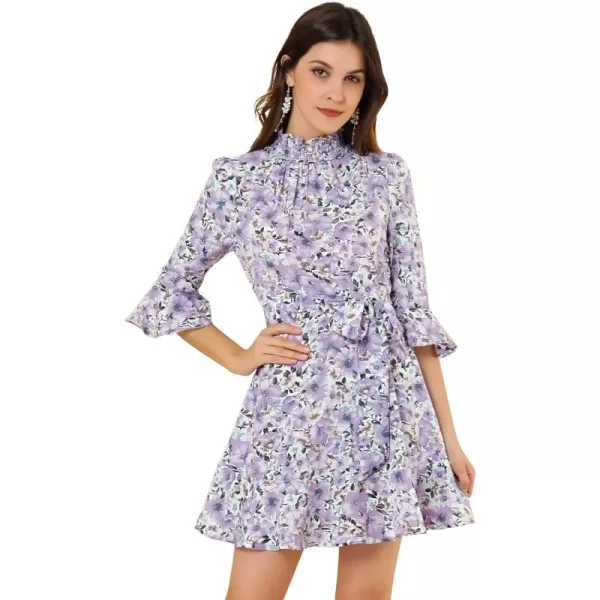 Allegra K Women's Floral 3/4 Bell Sleeve Smocked Belted Flare Ruffle Dress