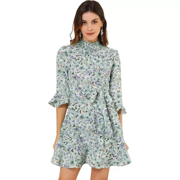 Allegra K Women's Floral 3/4 Bell Sleeve Smocked Belted Flare Ruffle Dress