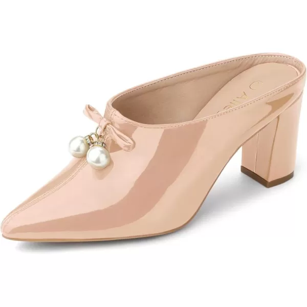 Allegra K Women's Pointed Toe Pearl Bow Chunky Heel Slides Mules