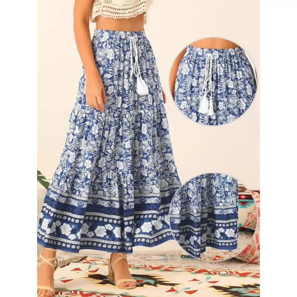 Allegra K Boho Skirt for Women's Casual Floral Bohemian Tassels Elastic Waist Maxi Skirts