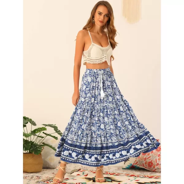 Allegra K Boho Skirt for Women's Casual Floral Bohemian Tassels Elastic Waist Maxi Skirts