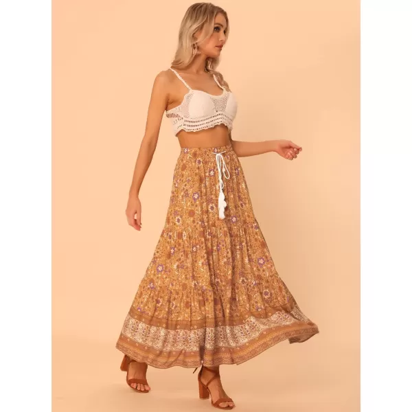 Allegra K Boho Skirt for Women's Casual Floral Bohemian Tassels Elastic Waist Maxi Skirts