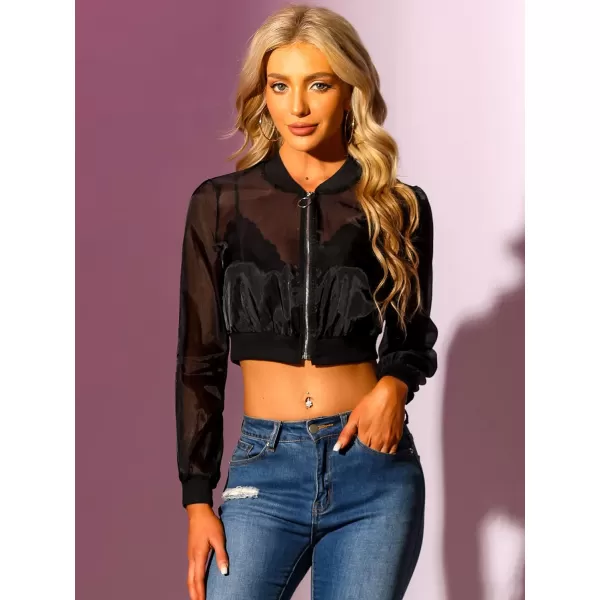 Allegra K Bomber Jacket for Women's Long Sleeve Crop Mesh Sheer Jackets