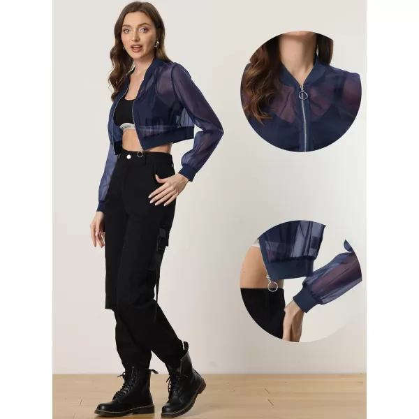 Allegra K Bomber Jacket for Women's Long Sleeve Crop Mesh Sheer Jackets