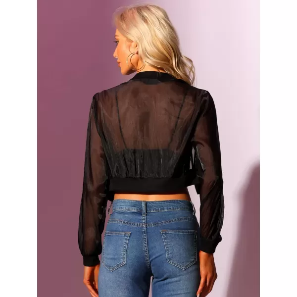 Allegra K Bomber Jacket for Women's Long Sleeve Crop Mesh Sheer Jackets