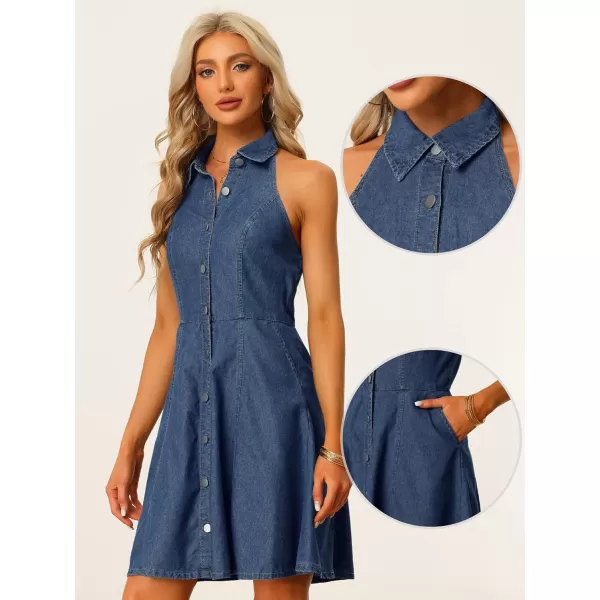 Allegra K Denim Dresses for Women's Halter Neck Button Down Shirt Dress