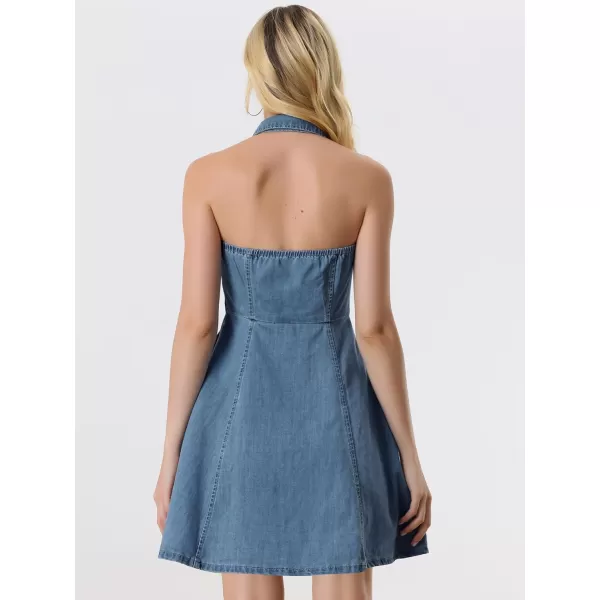 Allegra K Denim Dresses for Women's Halter Neck Button Down Shirt Dress