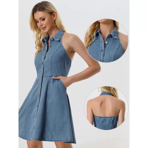 Allegra K Denim Dresses for Women's Halter Neck Button Down Shirt Dress