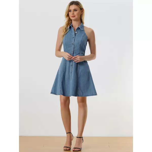 Allegra K Denim Dresses for Women's Halter Neck Button Down Shirt Dress