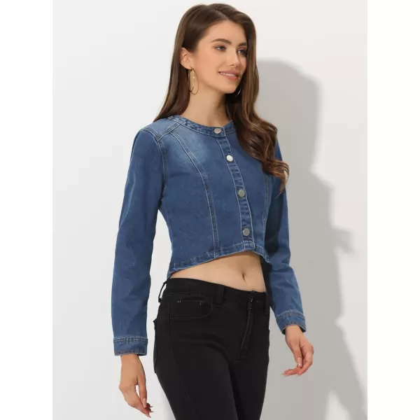 Allegra K Denim Jacket for Women's Collarless Button Down Crop Jean Jackets