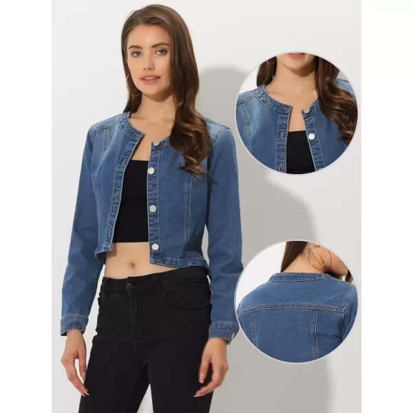 Allegra K Denim Jacket for Women's Collarless Button Down Crop Jean Jackets